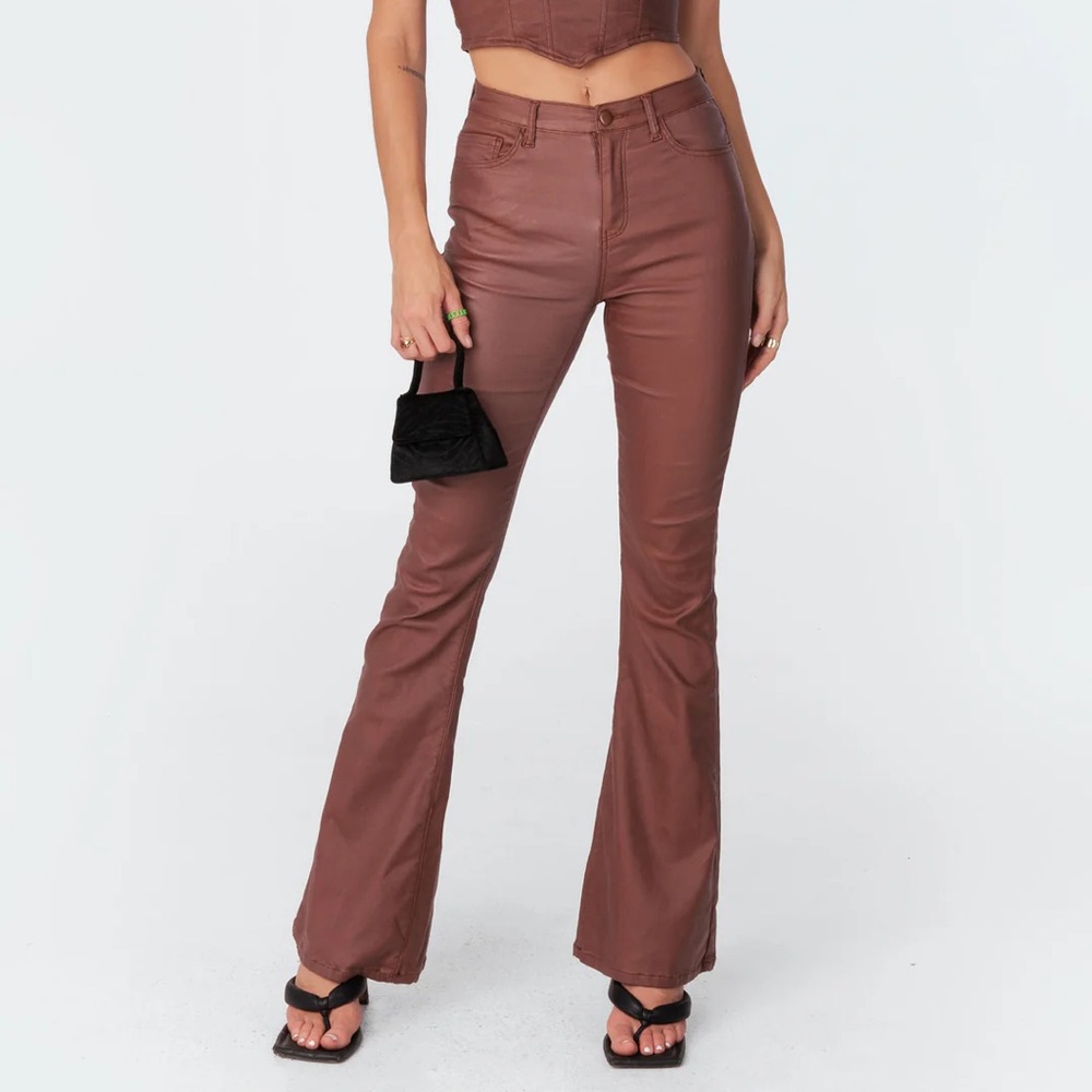 Edikted Brown Luna Faux Leather Flare Jeans